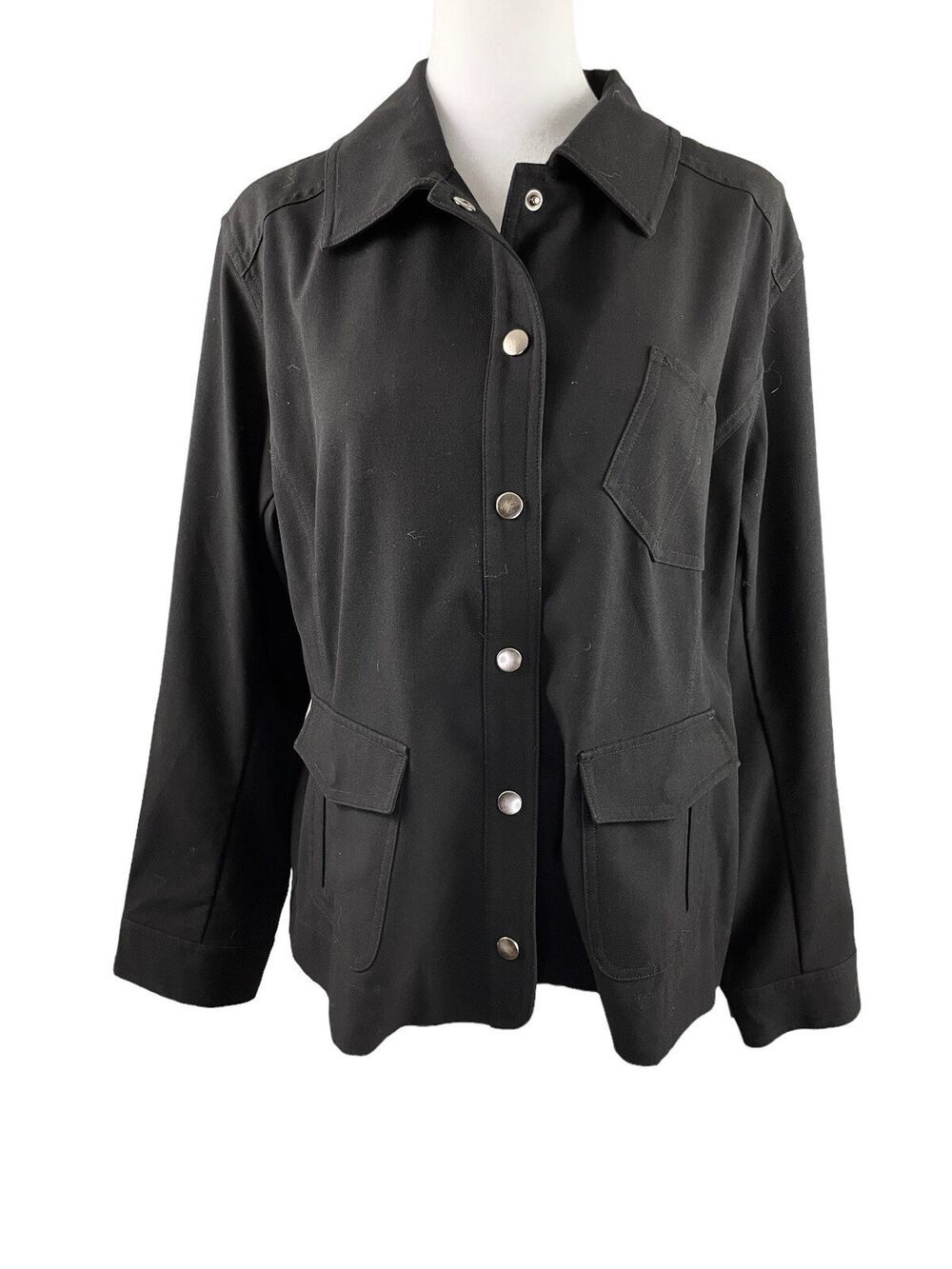 Chico's 2 (US L/12) Snap Front Stretch Utility Jacket Black Pockets Casual